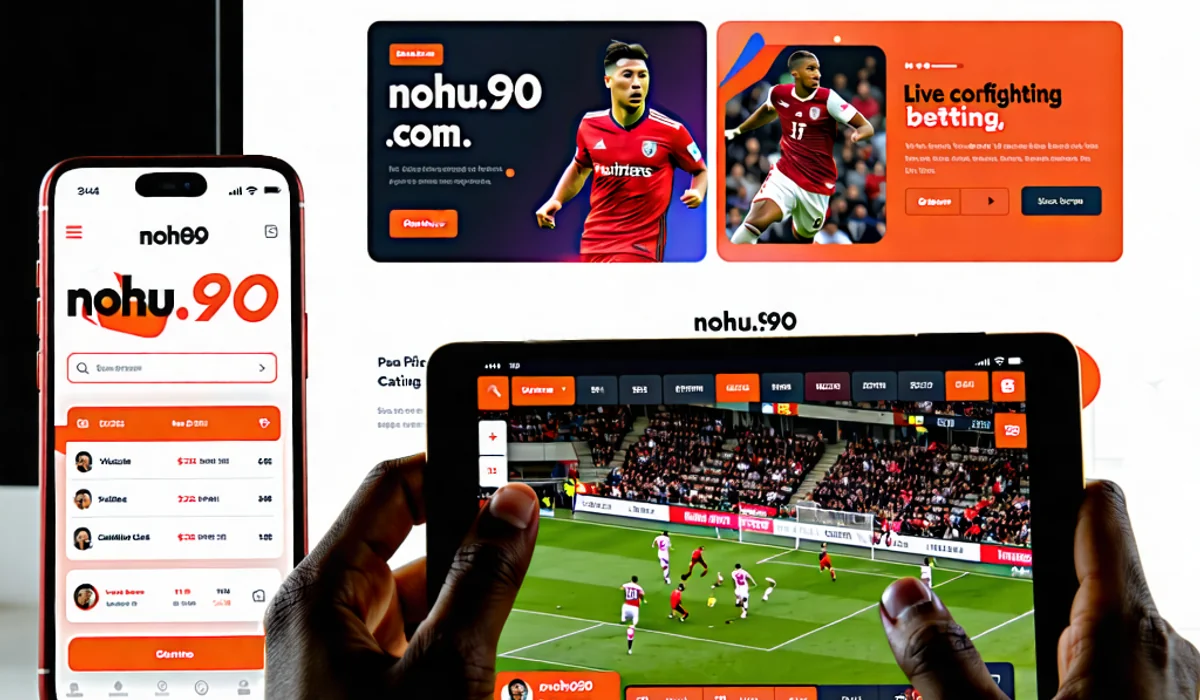 Hình ảnh mô tả các bước truy cập NOHU90, bao gồm việc truy cập link chính thức, tải ứng dụng NOHU90 trên điện thoại và giao diện đăng nhập.
