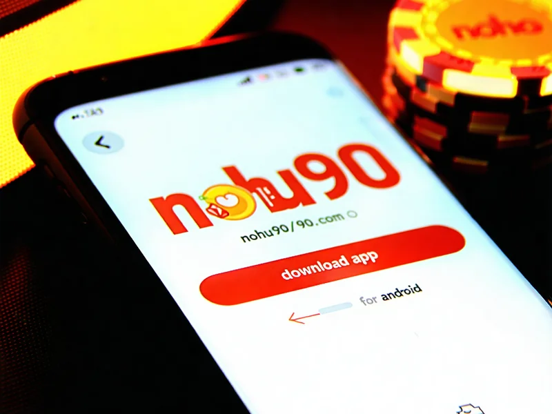 Màn hình điện thoại Android hiển thị trang chủ NOHU90.com với nút tải ứng dụng NOHU90 App nổi bật