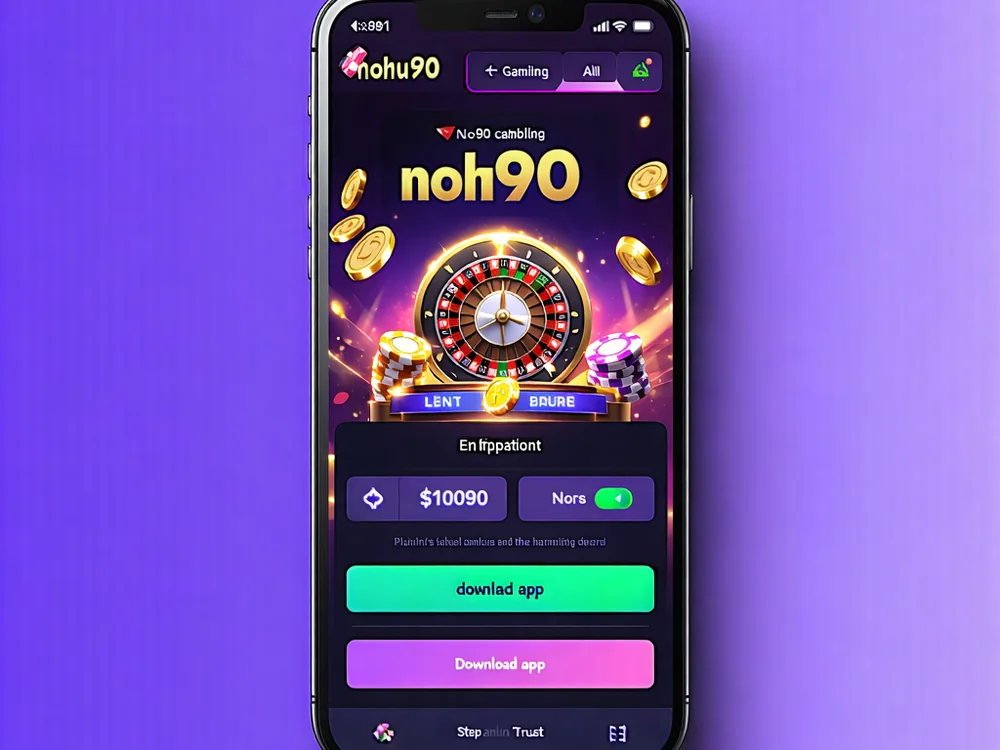 Hình ảnh minh họa giao diện ứng dụng NOHU90 trên điện thoại di động, với các trò chơi và chức năng chính