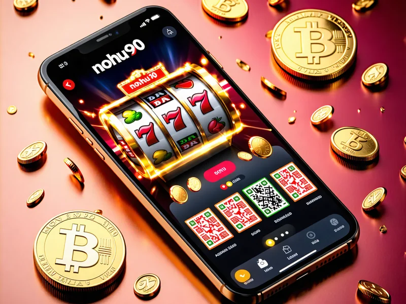 Hình ảnh điện thoại di động hiển thị ứng dụng NOHU90 với mã QR để tải xuống cho Android và iOS, trên nền vàng và đỏ chủ đạo