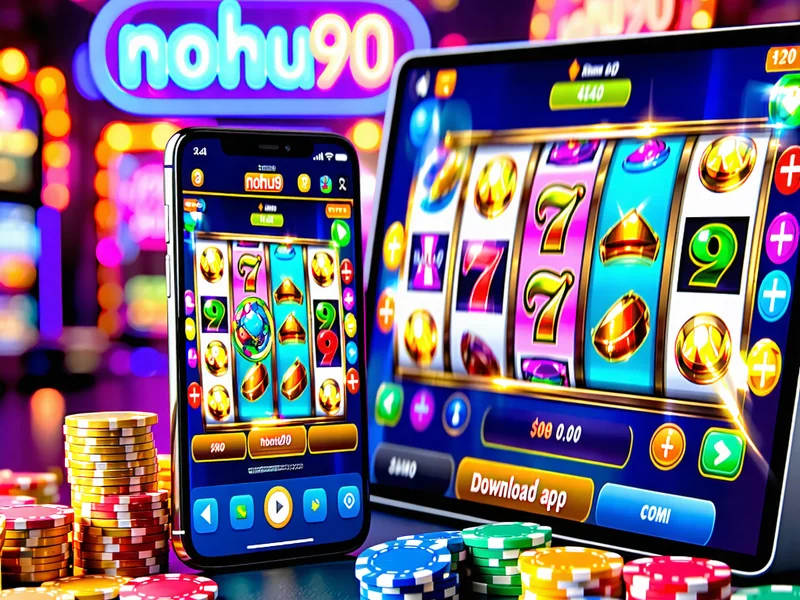 Hình ảnh điện thoại hiển thị giao diện NOHU90 App với các trò chơi slot và casino