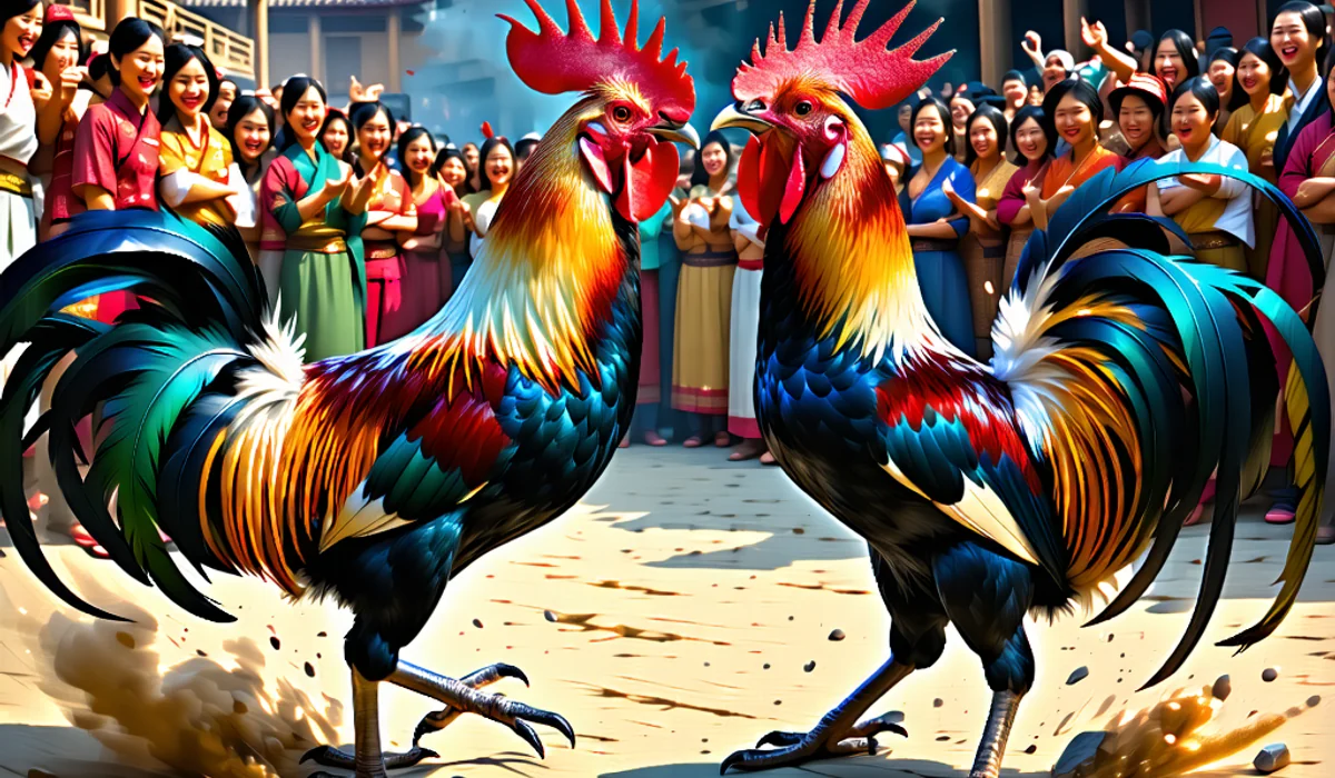 Cảnh lễ hội chọi gà châu Á với khán giả đông đảo, không khí sôi động và những con gà chọi được chuẩn bị cho trận đấu.