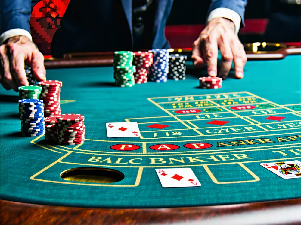 Bàn Baccarat trực tuyến sống động với các khu vực cược Player, Banker, Tie được đánh dấu rõ ràng, cùng với chip cược và bài. nohu90 chính thức, NOHO.