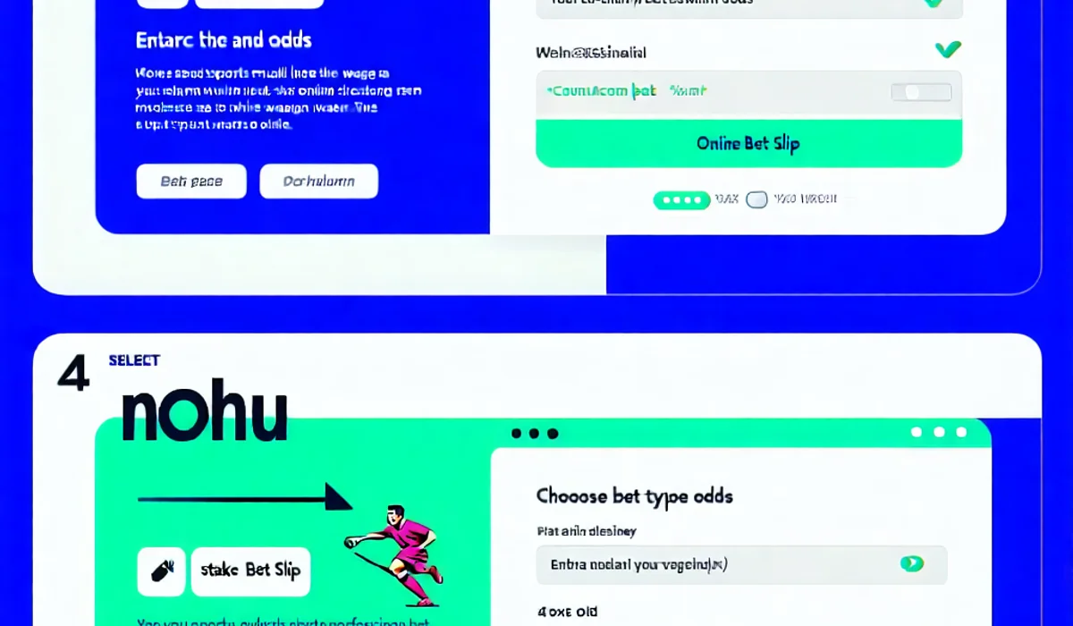 Chuỗi hình ảnh minh họa các bước đặt cược thể thao trên NOHU90, từ chọn trận đấu, chọn kèo, nhập số tiền đến xác nhận cược, với giao diện người dùng rõ ràng.