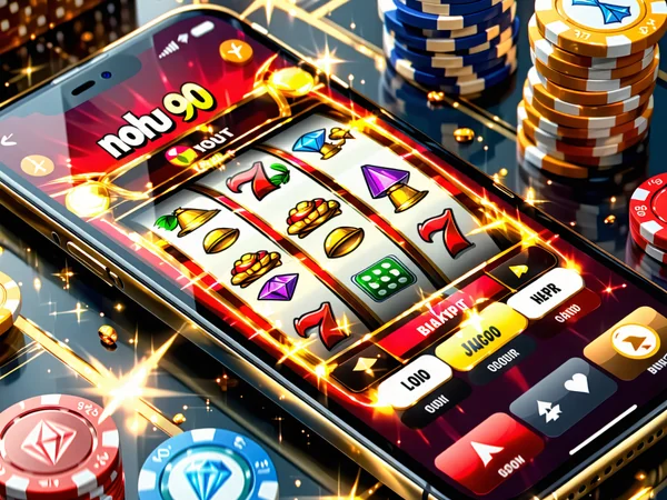 Hình ảnh điện thoại di động hiển thị ứng dụng NOHU90 với giao diện slot game hấp dẫn, mời gọi người chơi tải về