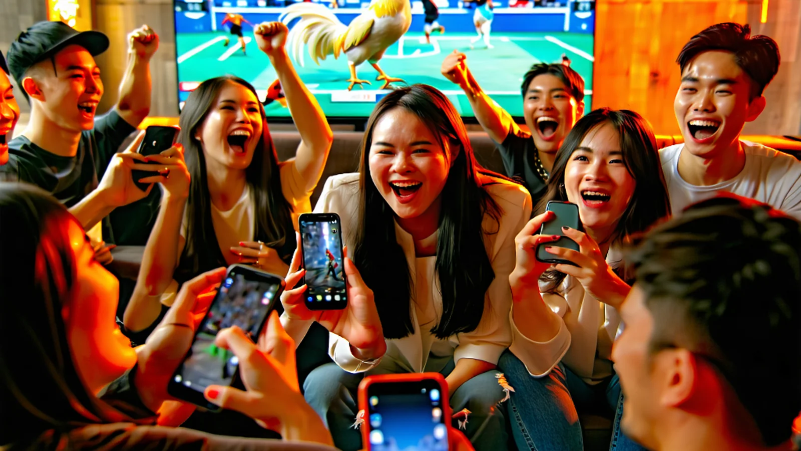 Hình ảnh cộng đồng NOHU90 sôi động, nhiều người đang hào hứng theo dõi đấu gà trực tiếp trên các thiết bị khác nhau, thể hiện sự gắn kết và niềm vui giải trí.