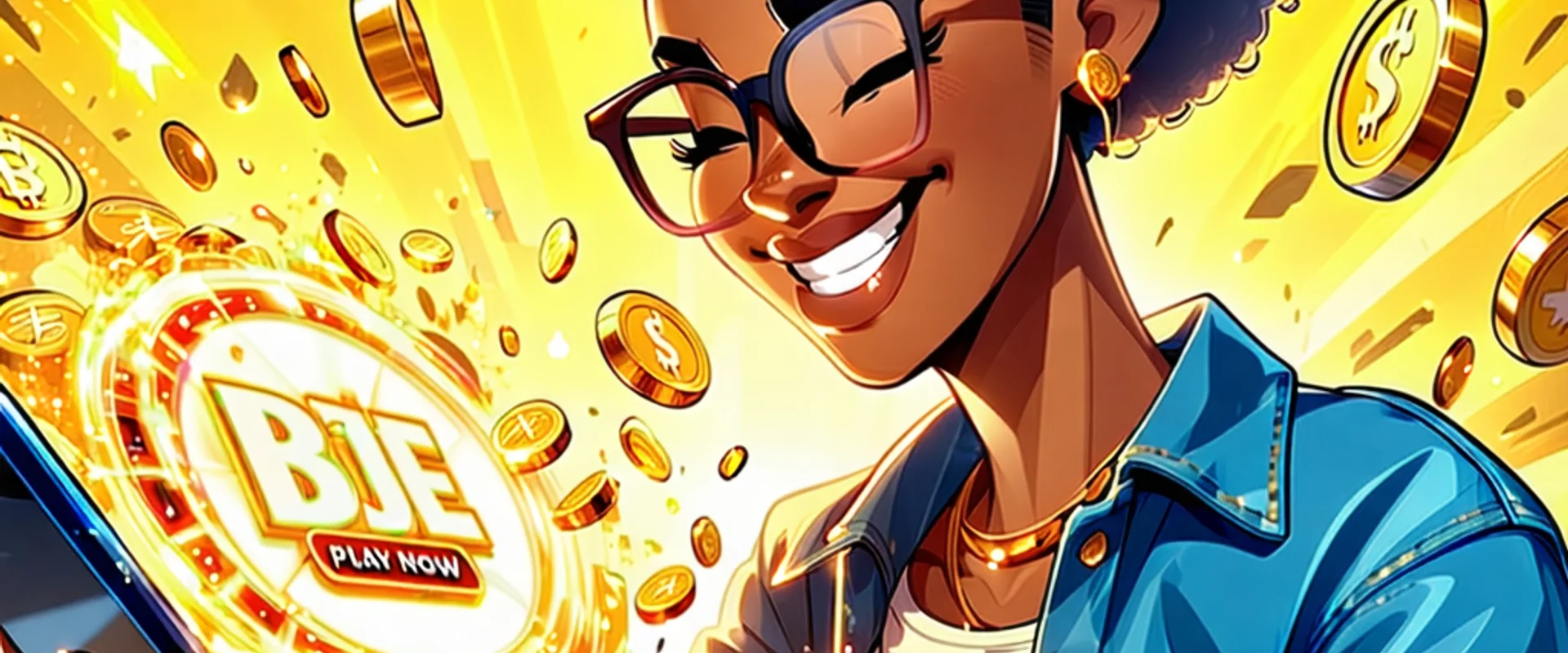 Người chơi NOHU90 đang vui vẻ chạm vào màn hình điện thoại với biểu tượng jackpot lớn, thể hiện sự mời gọi hành động, trên nền màu vàng rực rỡ và các hiệu ứng ánh sáng lấp lánh