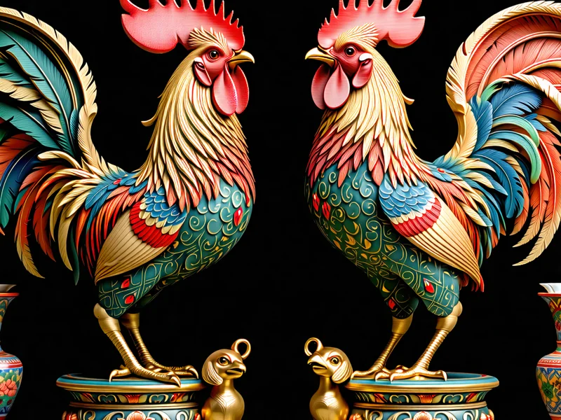 Các hiện vật văn hóa cổ xưa hình gà chọi, thể hiện sự tôn kính và tầm quan trọng của loài gà trong lịch sử.