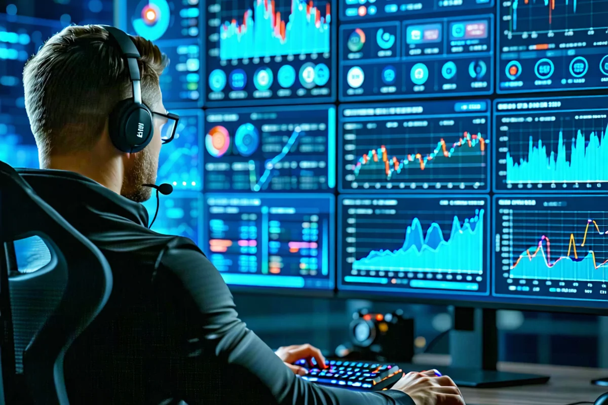 Một người chơi đang phân tích dữ liệu, biểu đồ tỷ lệ cược trên màn hình máy tính, thể hiện sự chuyên nghiệp trong cá cược NOHU90.