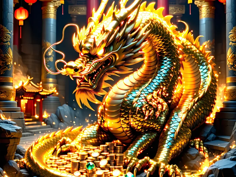 Hình ảnh game NOHO 'Dragon's Hoard' với rồng vàng và kho báu lấp lánh, thể hiện sự giàu có và quyền lực
