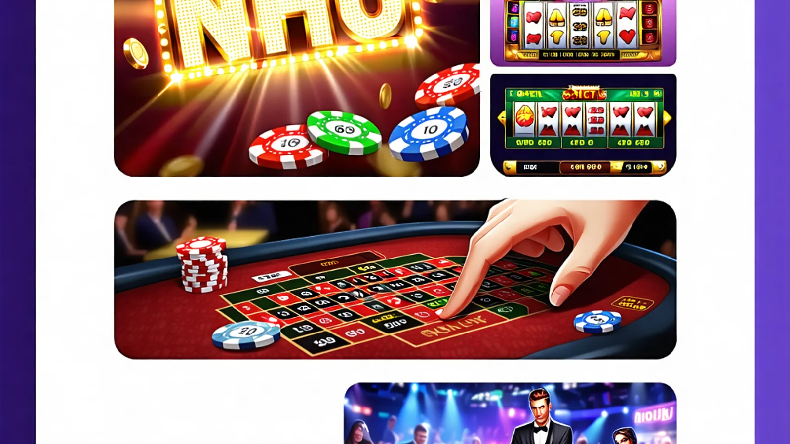 Hình ảnh minh họa sự đa dạng các trò chơi tại NOHU90, bao gồm nổ hũ, cá cược thể thao, casino trực tuyến, và bắn cá