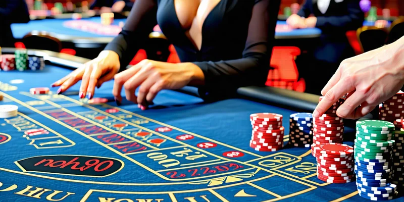 Hình ảnh bàn chơi Baccarat trực tuyến tại NOHU90, với người chia bài chuyên nghiệp và chip cược.
