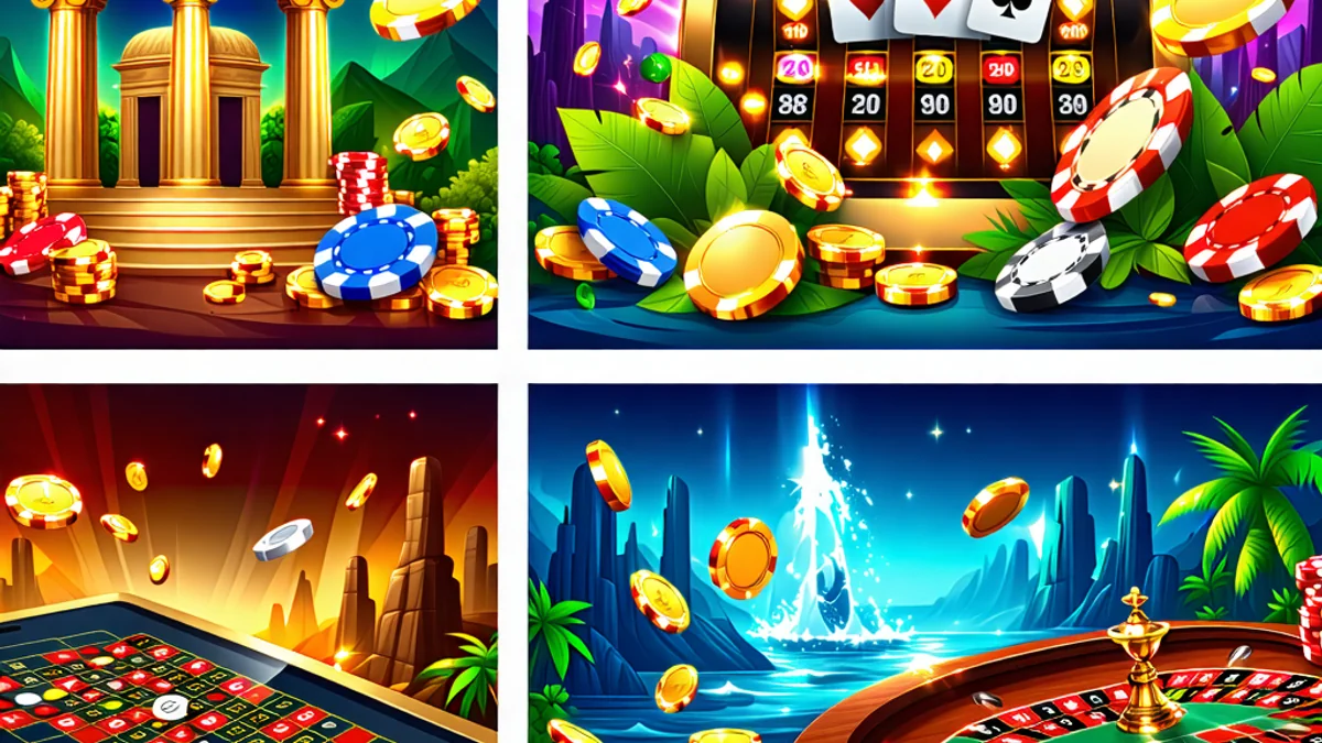 Hình ảnh tổng hợp các trò chơi đa dạng tại NOHU90, bao gồm màn hình slot game, bàn baccarat, sân vận động thể thao, và khu vực bắn cá sôi động