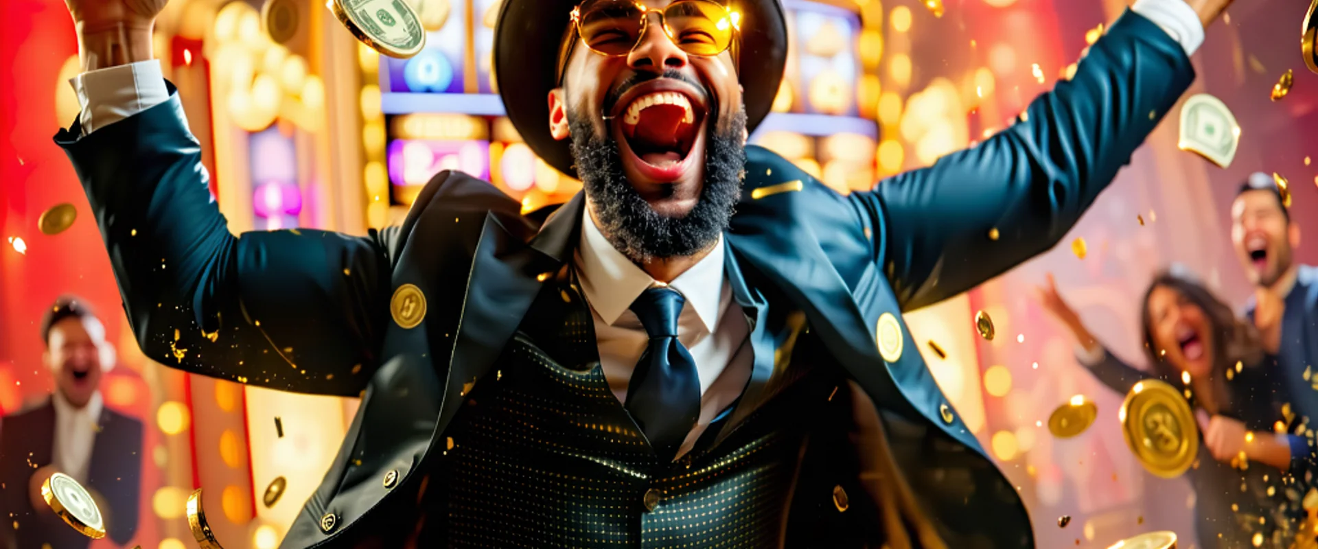 Người chiến thắng NOHU90 ăn mừng giải jackpot lớn với pháo hoa và tiền vàng, thể hiện niềm vui và sự giàu có