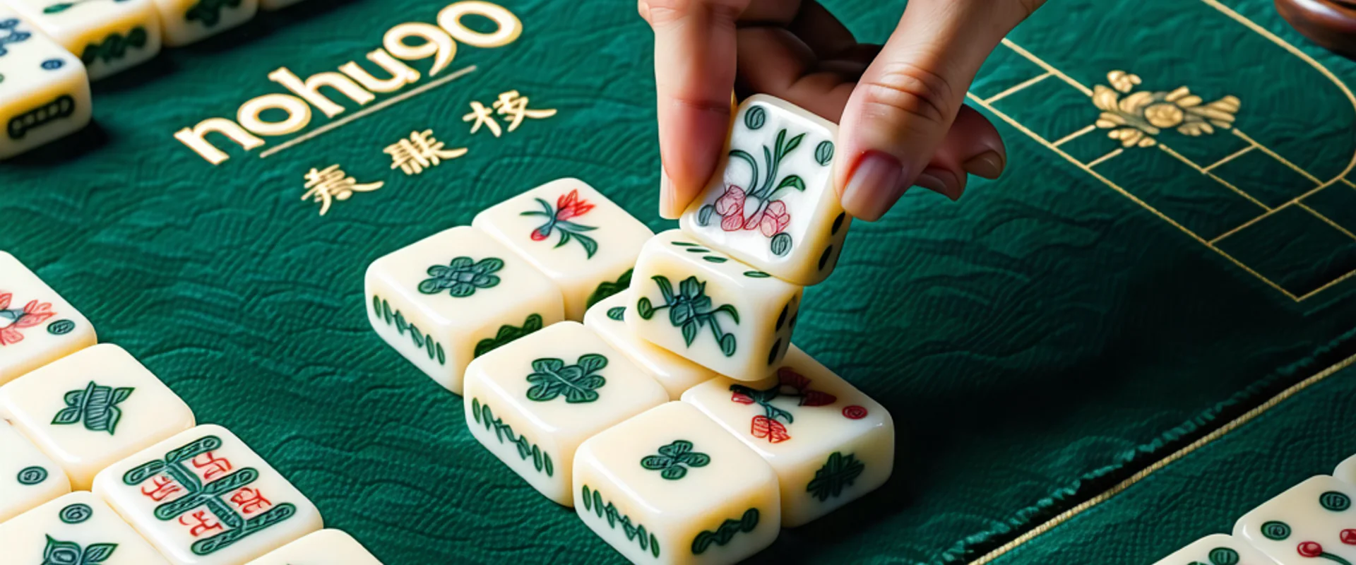 Bàn mạt chược sang trọng với các quân bài, thể hiện sự tập trung và chiến lược, logo NOHU90 nổi bật