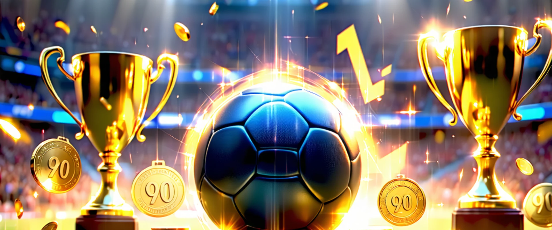 Hình ảnh chính giới thiệu về cá cược thể thao NOHU90 với sân vận động, bóng đá và các biểu tượng chiến thắng, màu sắc vàng đỏ chủ đạo.