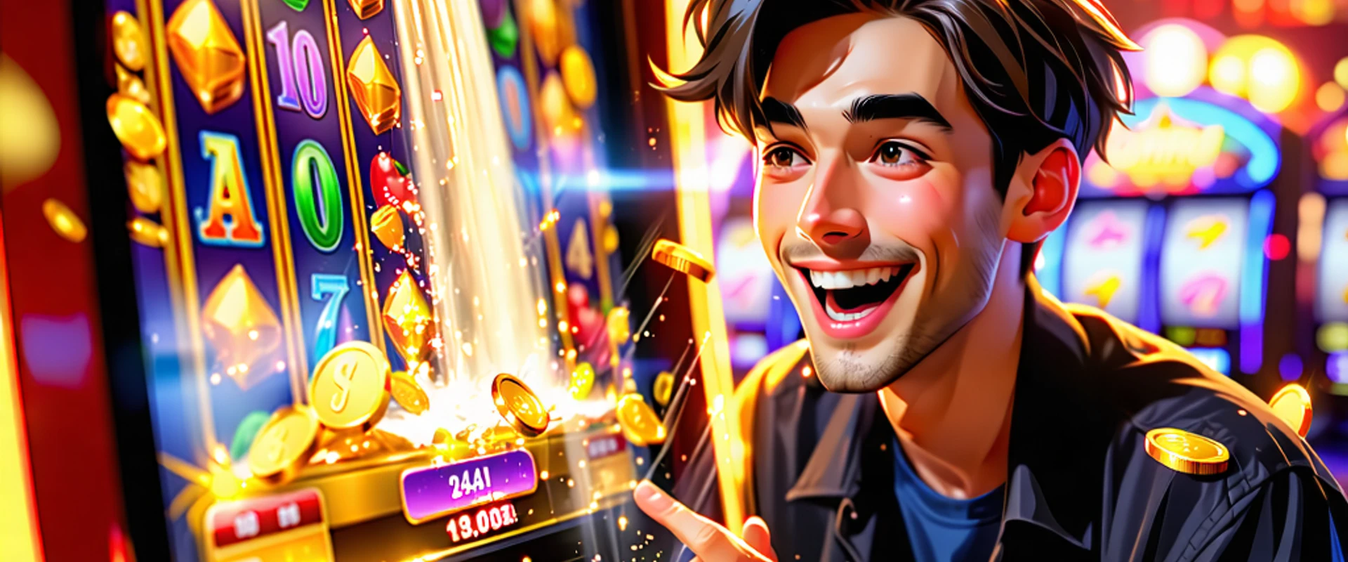 Hình ảnh một người chơi vui vẻ với máy đánh bạc kỹ thuật số NOHU90, ánh sáng vàng đỏ