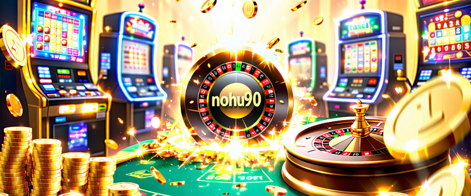 Hình ảnh tổng quan các trò chơi casino phổ biến tại NOHU90, với biểu tượng NOHU90 và các yếu tố giải trí