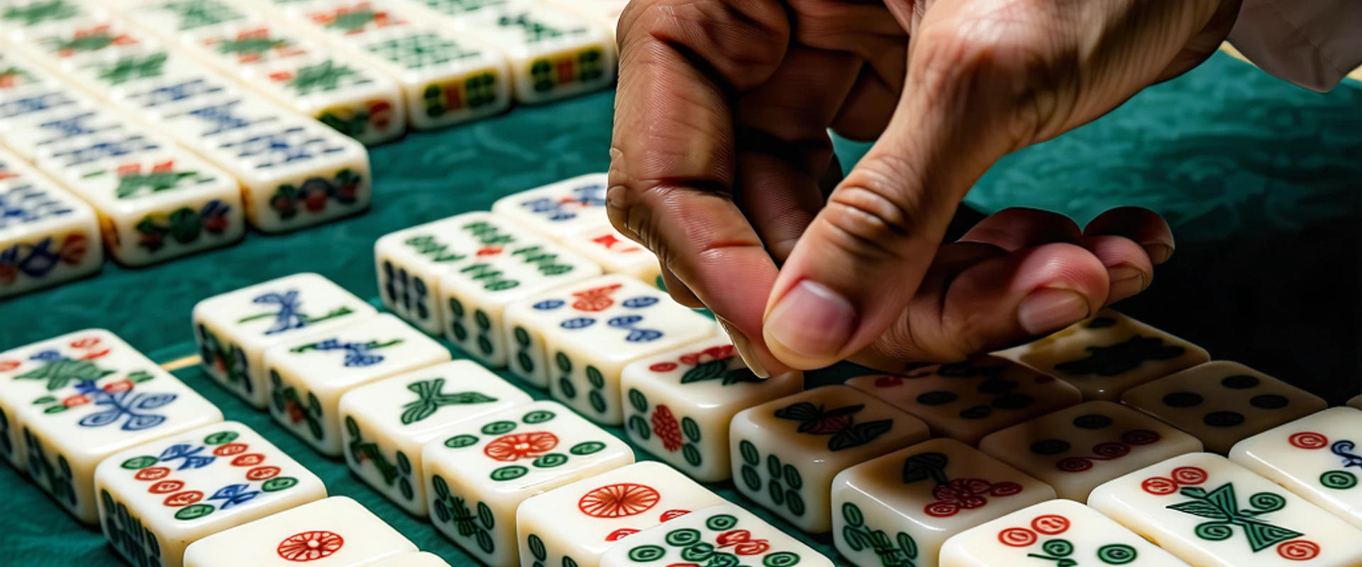 Hình ảnh chính NOHU90 giới thiệu kỹ thuật thắng Mạt chược, bàn Mạt chược với các quân bài vàng đỏ