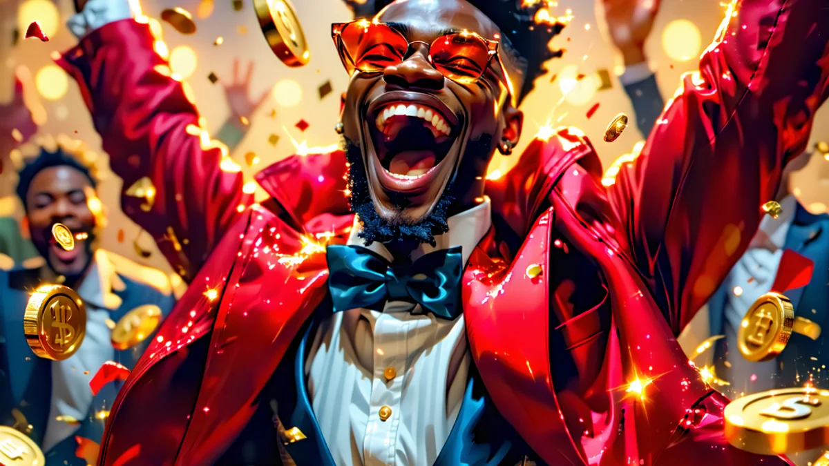 Một người chơi đang ăn mừng chiến thắng jackpot trên màn hình máy đánh bạc kỹ thuật số của NOHU90, với những đồng tiền vàng bay lên và ánh sáng rực rỡ, thể hiện sự phấn khích và niềm vui