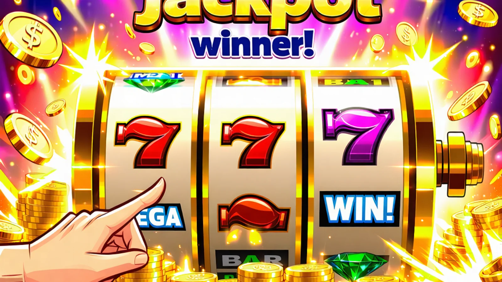 Hình ảnh một màn hình slot game hiển thị thông báo 'Jackpot Winner' với số tiền thắng lớn rực rỡ, biểu tượng của chiến thắng lớn tại NOHU90