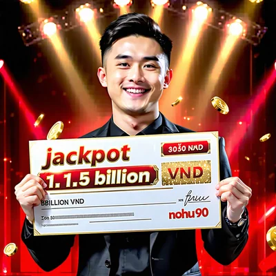 Người chơi may mắn Nguyễn Văn A thắng jackpot tại NOHU90 với số tiền lớn, đang cầm tấm séc khổng lồ