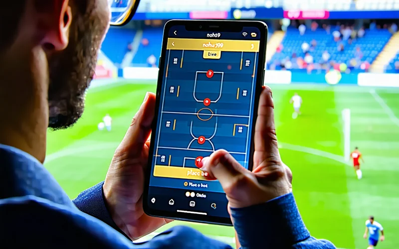 Một người đang sử dụng điện thoại để đặt cược trực tiếp trên ứng dụng NOHU90, màn hình hiển thị trận đấu bóng đá đang diễn ra