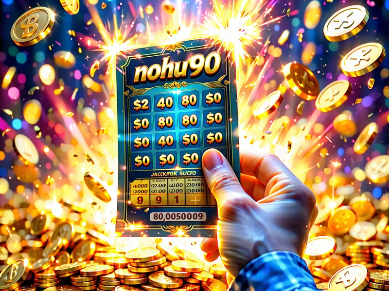Vé số NOHU90 với các con số may mắn và hiệu ứng tiền rơi, tượng trưng cho giải độc đắc