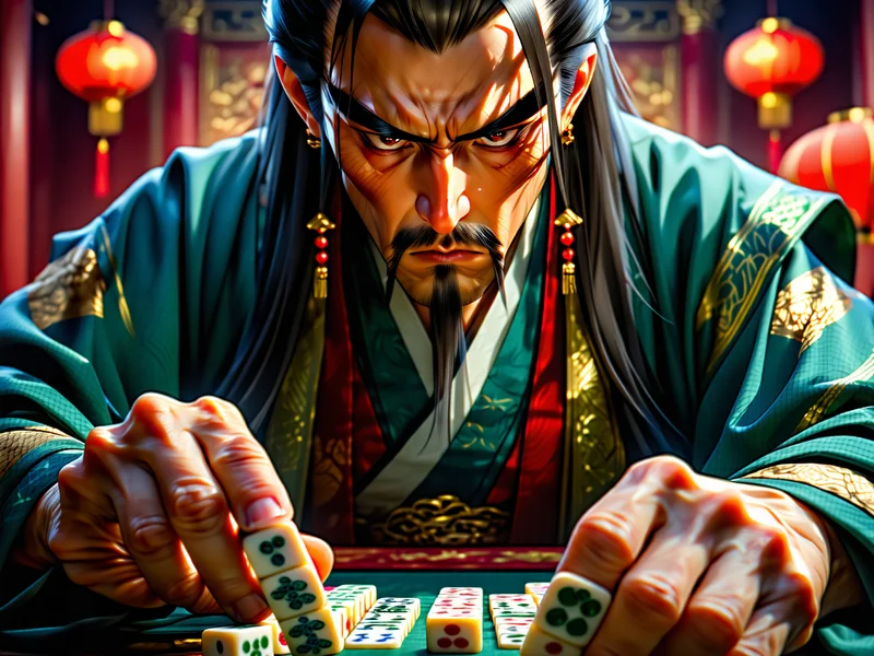 Một người chơi đang phân tích các quân bài mạt chược trong tay, thể hiện sự tính toán tỉ mỉ và đưa ra quyết định chiến lược, với giao diện NOHU90 tinh tế