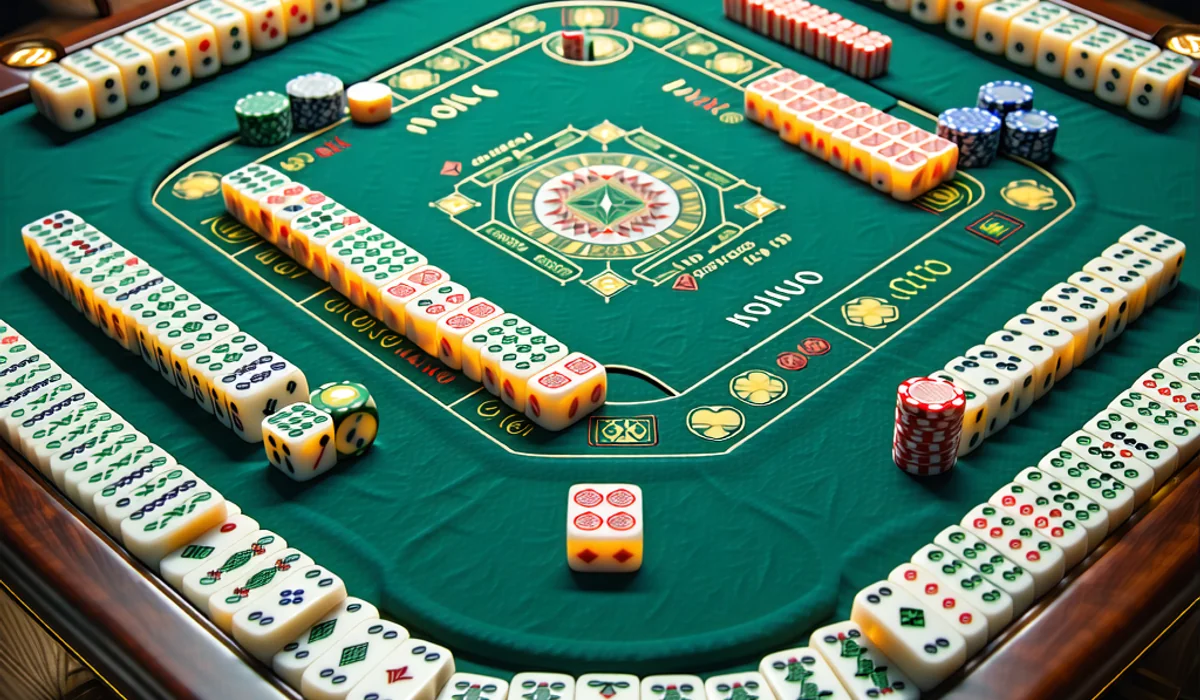 Góc nhìn chiến lược từ trên cao của một bàn mạt chược, với các quân bài được sắp xếp tinh xảo, thể hiện sự tính toán và tư duy sâu sắc, ánh sáng vàng của NOHU90