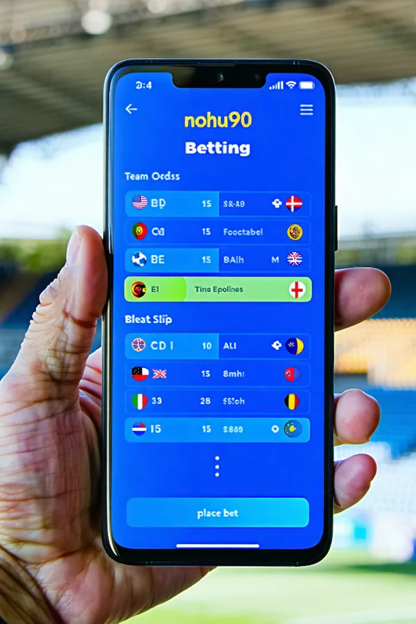 Giao diện ứng dụng NOHU90 trên điện thoại di động, hiển thị các trận đấu và tỷ lệ cược.