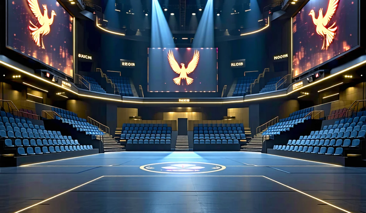 Hình ảnh một đấu trường chọi gà hiện đại, có thể là ảo hoặc được kiểm soát chặt chẽ, với ánh sáng rực rỡ và công nghệ hiển thị.