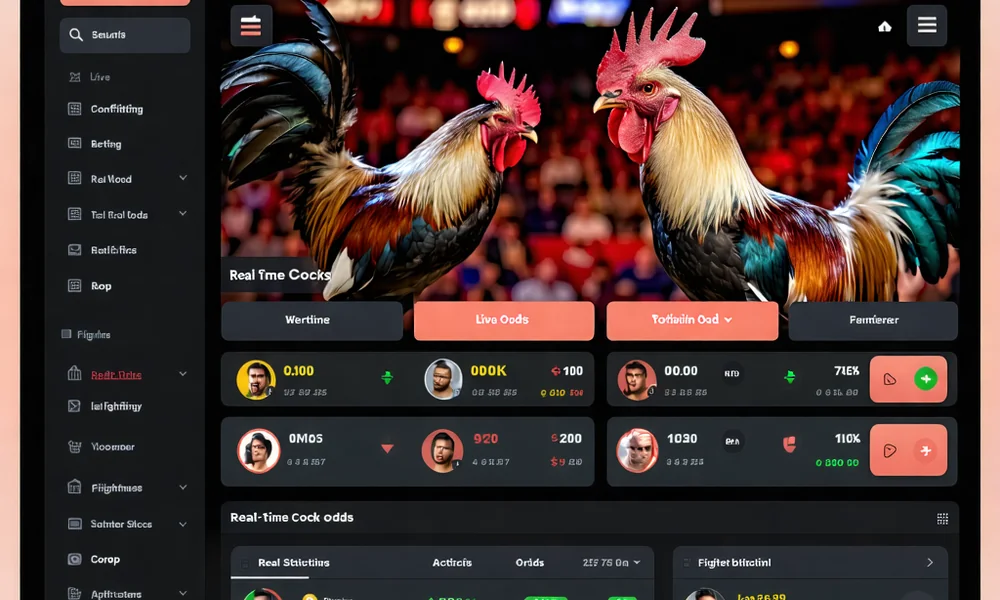 Giao diện nền tảng NOHU90 hiển thị trận đấu chọi gà trực tuyến, với các tùy chọn đặt cược và thông tin chi tiết về gà.