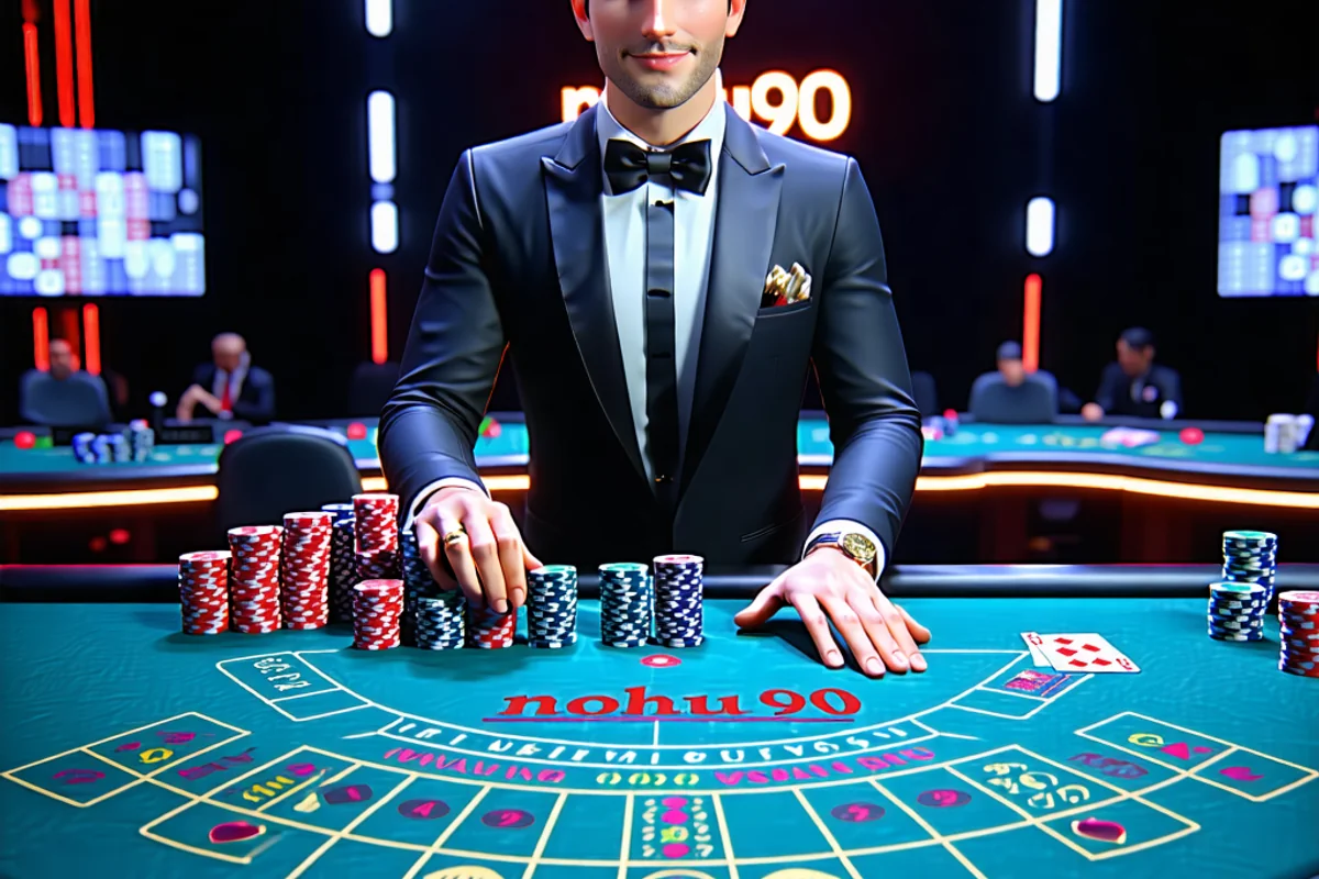 Giao diện nền tảng NOHU90 hiển thị trò chơi Baccarat trực tuyến với người chia bài và các tùy chọn đặt cược, thể hiện trải nghiệm chơi game mượt mà và hiện đại. NOHU90.com, NOHO, nohu90 app.