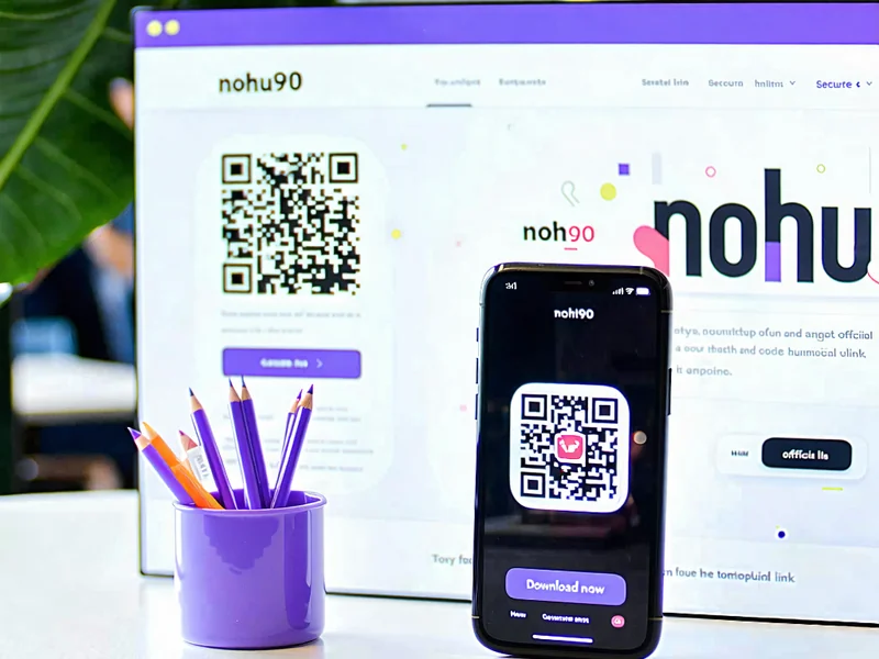 Biểu tượng NOHU90 app trên màn hình điện thoại, với mã QR và nút tải xuống, nhấn mạnh link NOHU90 chính thức và an toàn.