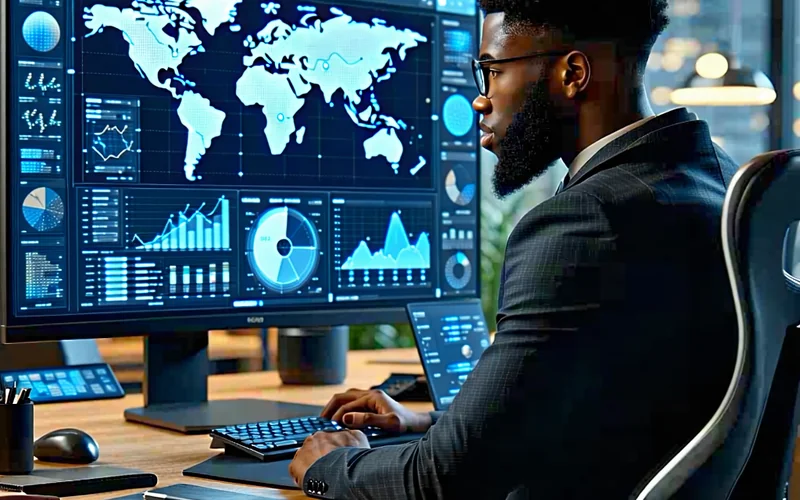 Một người đang phân tích dữ liệu thống kê bóng đá trên máy tính, với biểu đồ và số liệu về phong độ đội bóng