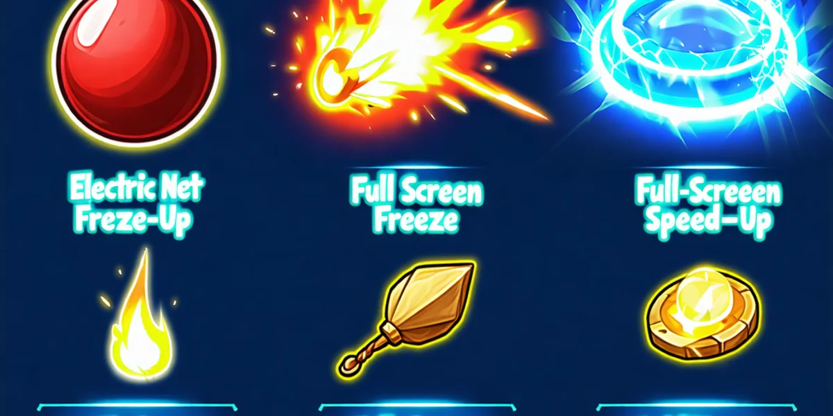 Hình ảnh minh họa các vật phẩm hỗ trợ đặc biệt trong trò chơi săn cá như bom, lưới điện, đóng băng với các biểu tượng rực rỡ, hiệu ứng ánh sáng vàng và đỏ