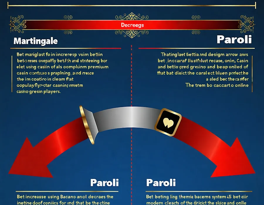 Biểu đồ minh họa các chiến lược cá cược Baccarat, bao gồm Martingale và Paroli, với các mũi tên chỉ dẫn tăng giảm cược, giúp người chơi tại NOHU90 dễ dàng hình dung. NOHU90.com, NOHO.