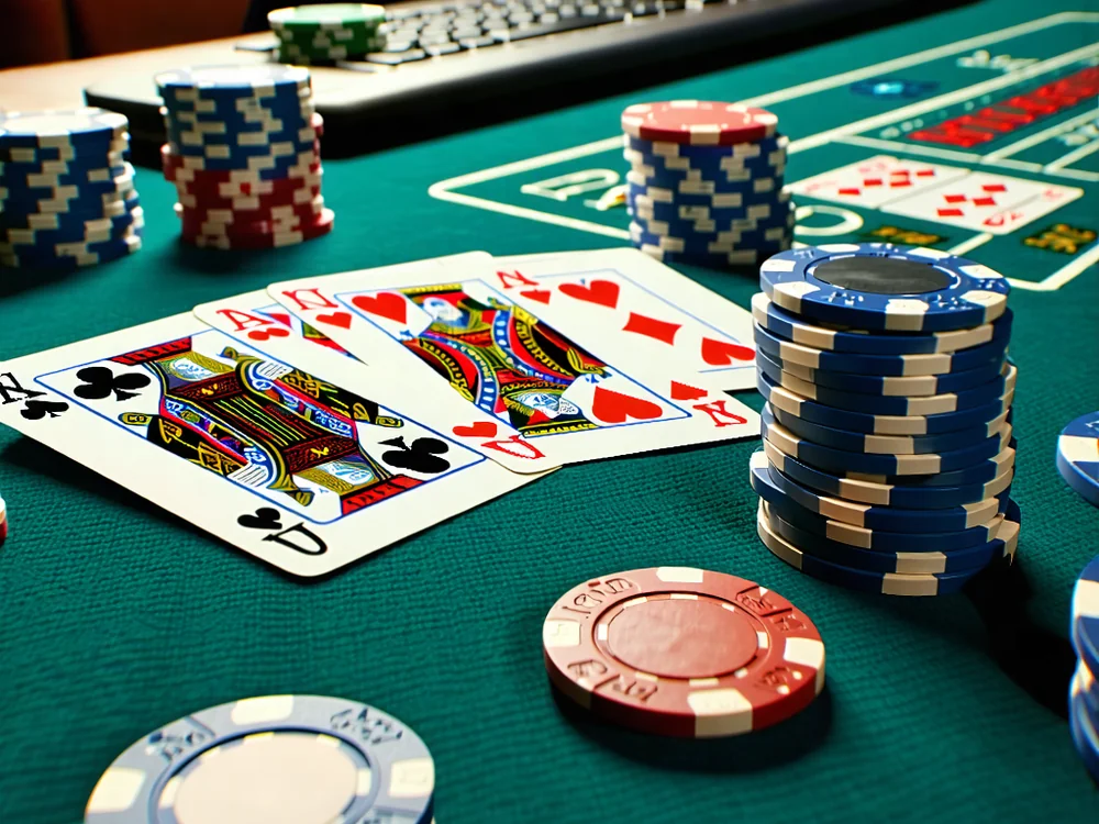 Một bàn chơi Texas Hold'em với các lá bài chung và bài tẩy, thể hiện sự chuẩn bị cho một ván đấu căng thẳng trên NOHU90.