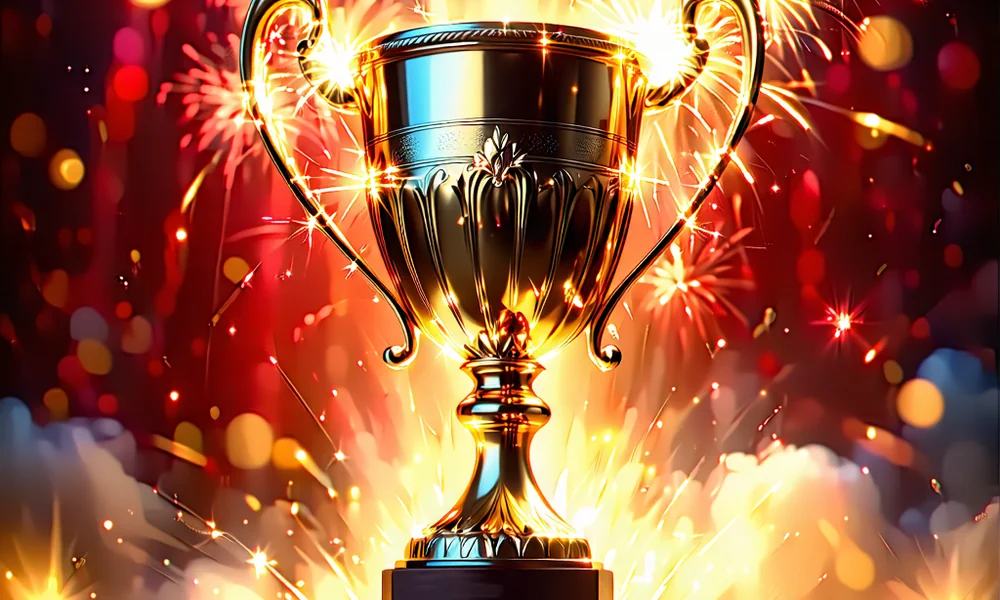 Hình ảnh chiếc cúp vàng và pháo hoa ăn mừng chiến thắng, tượng trưng cho thành công trong cá cược tại NOHU90.