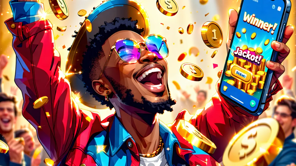 Hình ảnh người chơi NOHU90 ăn mừng chiến thắng xổ số với tiền và vé số